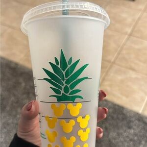 Starbucks Frosted Tumbler with Green Pineapple and Yellow Disney Icons